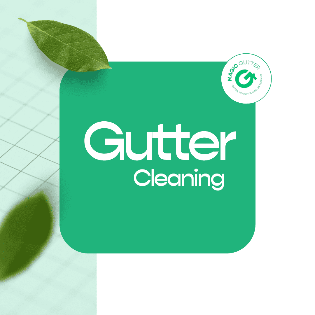 Clean promotional graphic advertising gutter cleaning Sydney services with fresh green leaf elements and the Magic Gutter logo, highlighting professional roof gutter cleaning and preventative roof maintenance services.
