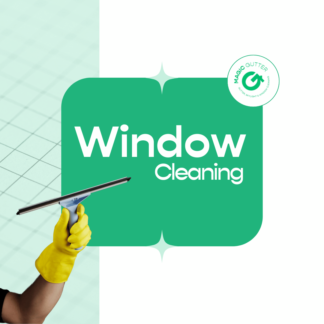 Promotional graphic for window cleaning Sydney services showing a gloved hand holding a window squeegee beside the Magic Gutter logo, highlighting professional residential and commercial window cleaning services.