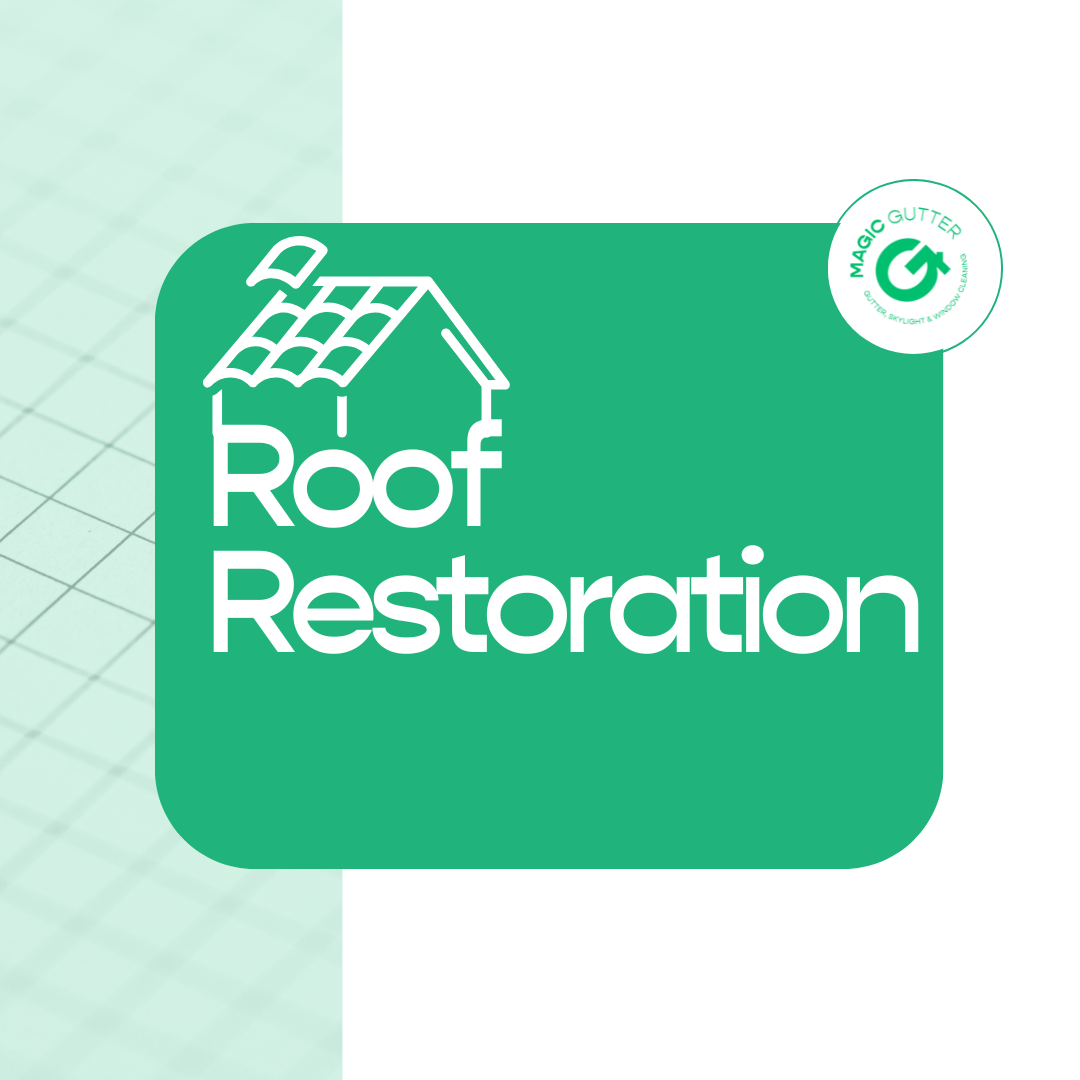 Modern promotional graphic for roof restoration in Sydney featuring a roof outline icon with the Magic Gutter logo, representing complete roof restoration, repairs, painting, and long-term roof protection services.