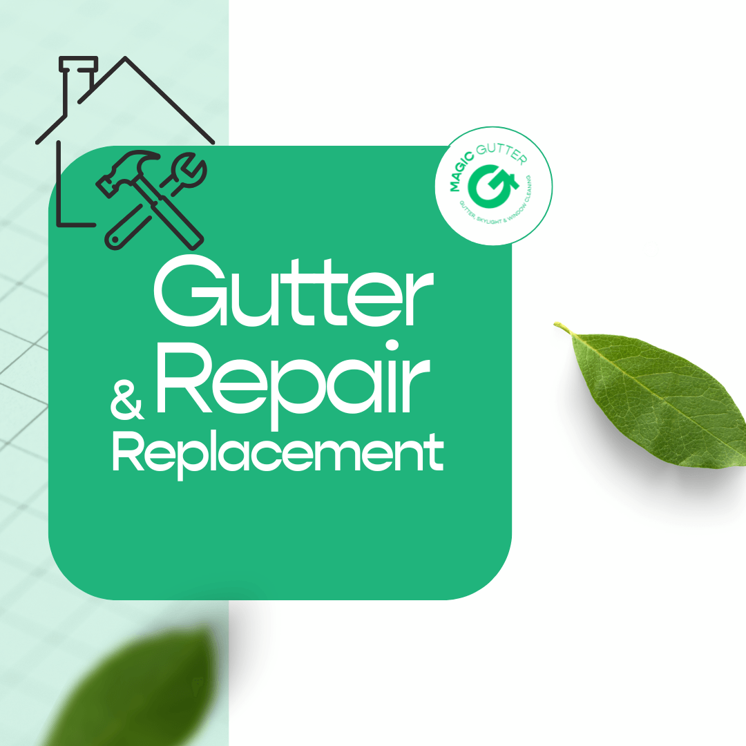 Promotional graphic for gutter replacement Sydney services featuring home repair icons, green leaf accents, and the Magic Gutter logo, representing professional gutter repair, replacement, and roofing maintenance services.