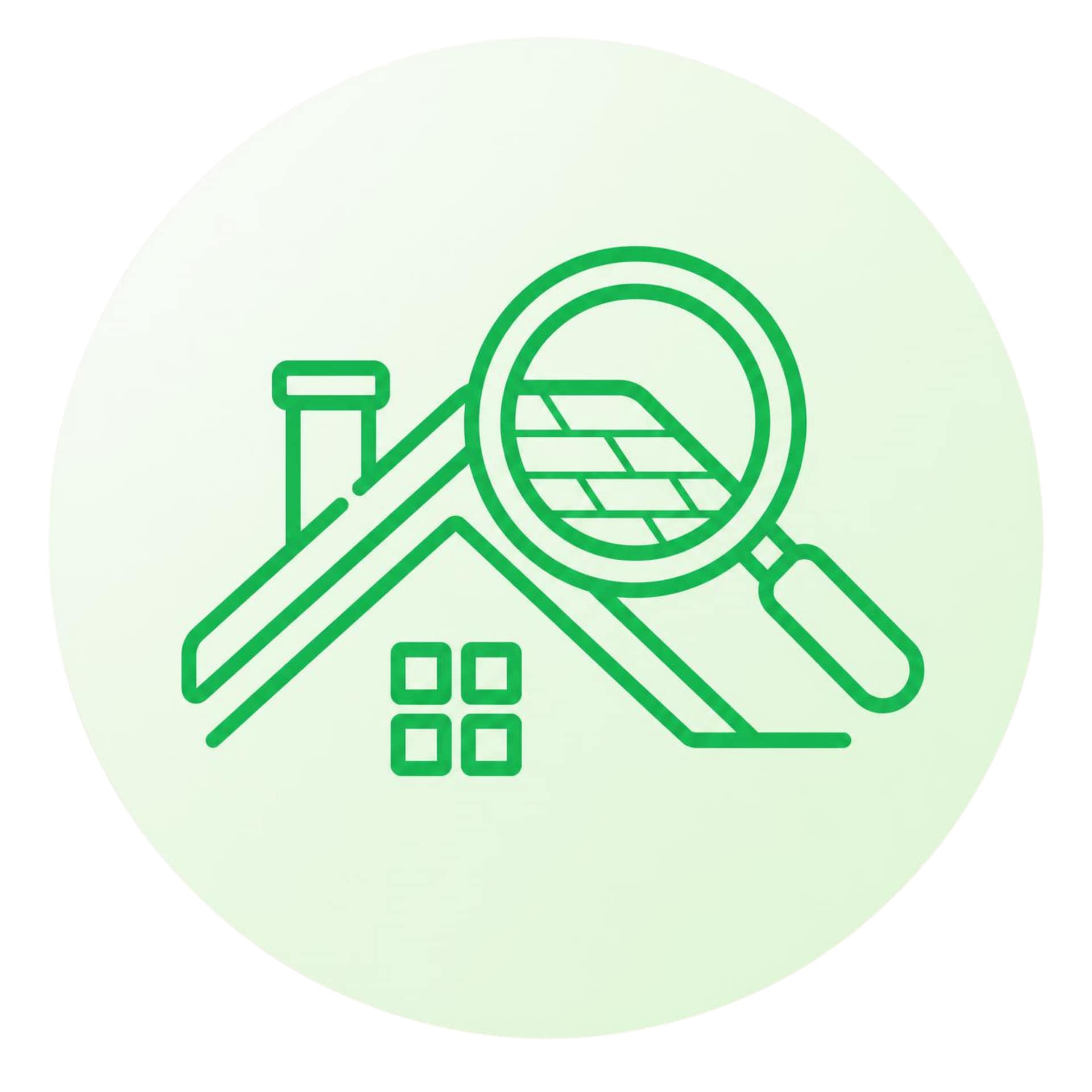 A roof and a magnifier to represent the care we give to every roof