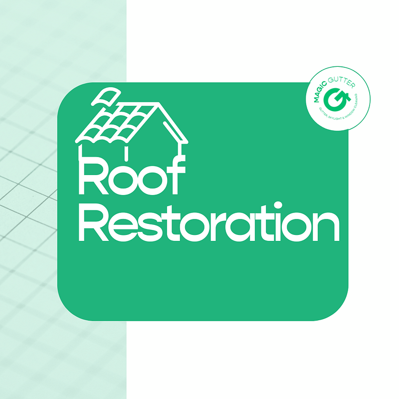 Modern promotional graphic for roof restoration in Sydney featuring a roof outline icon with the Magic Gutter logo, representing complete roof restoration, repairs, painting, and long-term roof protection services.