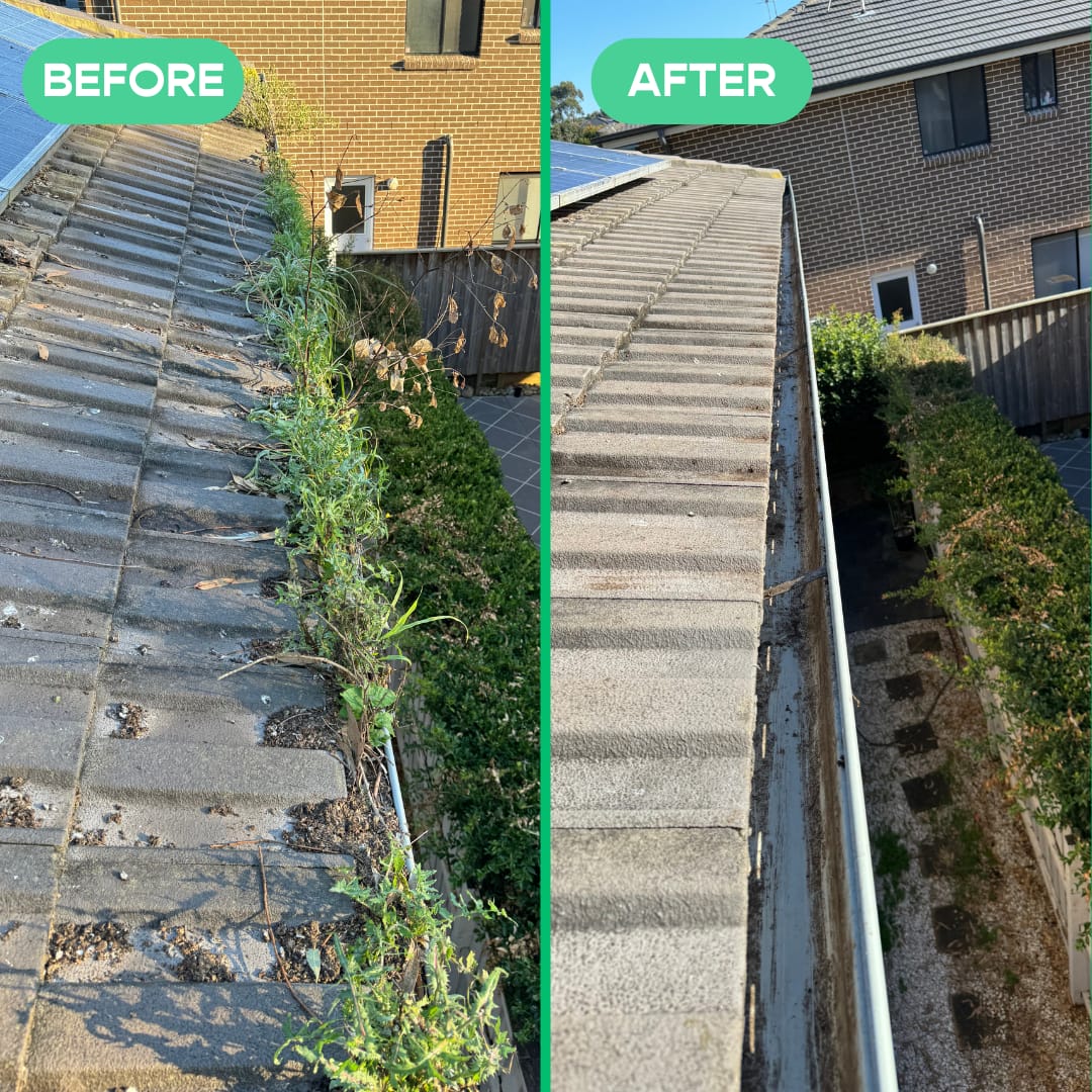 Before-and-after comparison showing debris removed from a residential gutter to restore a clear drainage channel.