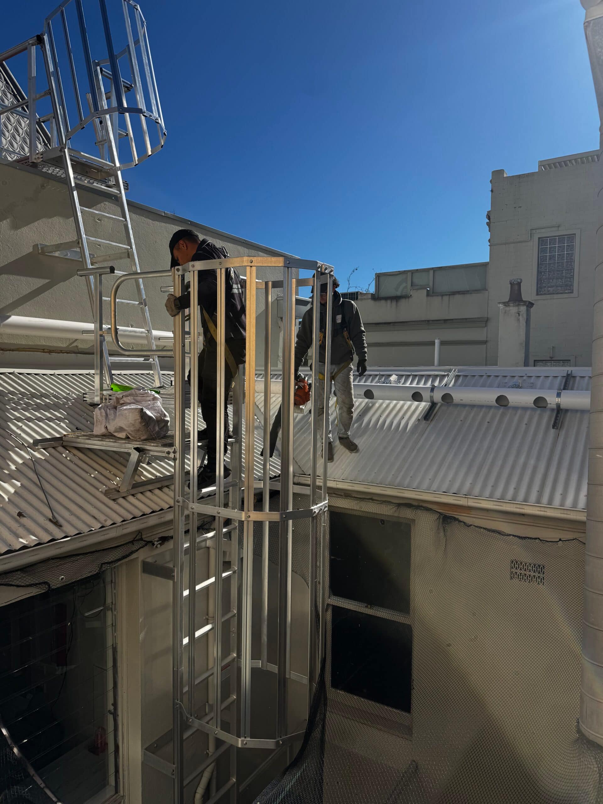 two workers from magic gutters on a roof, one of them climbing a ladder, assisting a homeowner with professional gutter cleaning Sydney